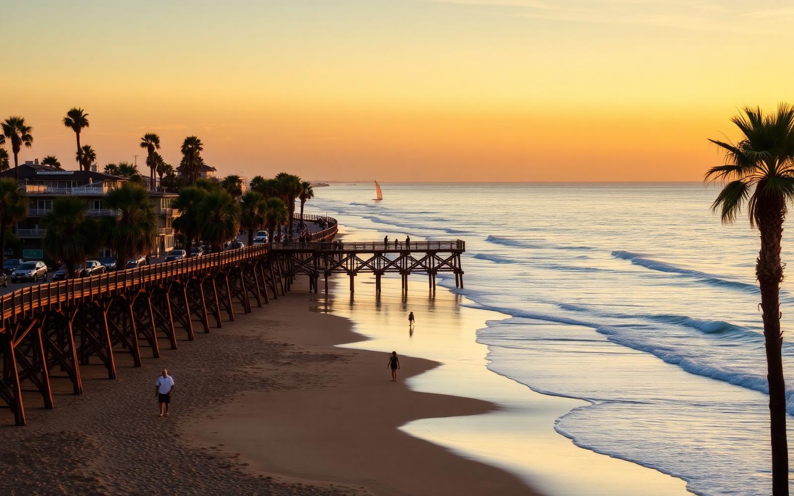 Pier de Pacific Beach em San Diego ao pôr do sol, com palmeiras e ondas