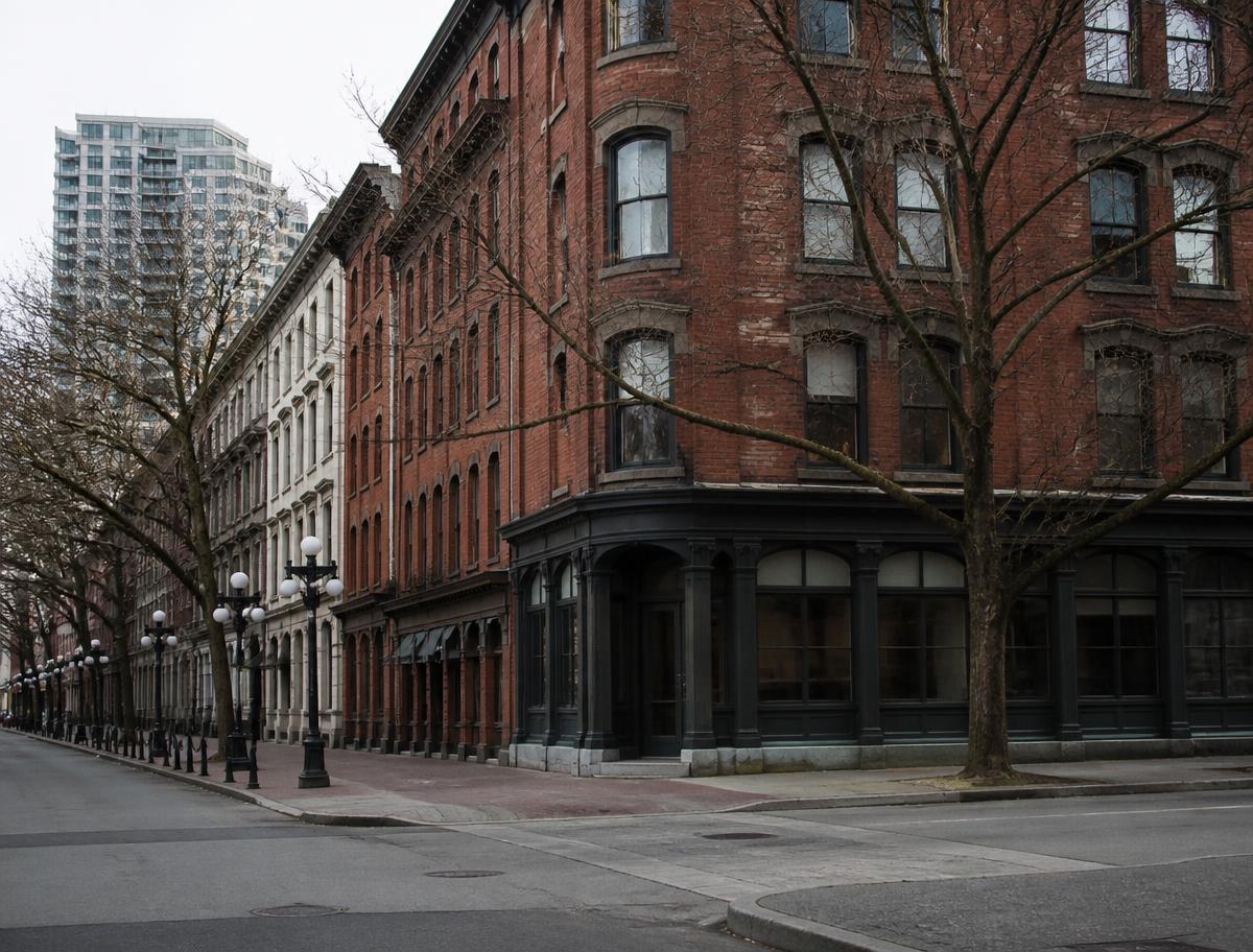 Rua no centro de Vancouver com edifícios históricos de tijolo
