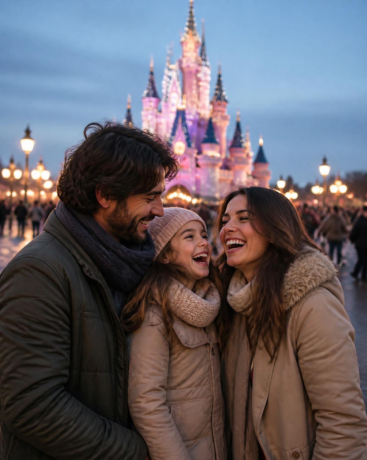 Família rindo junto ao castelo iluminado ao anoitecer