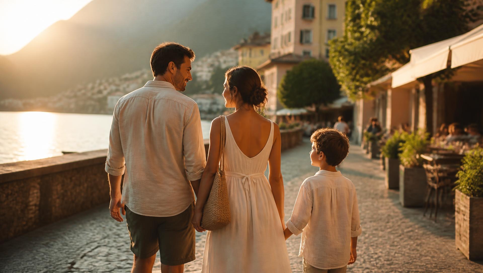 Família caminhando junta ao entardecer durante a viagem