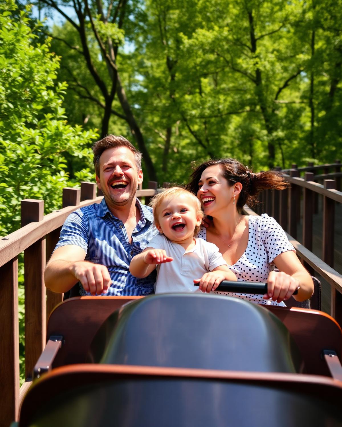 Pais e filho se divertindo em atração do parque
