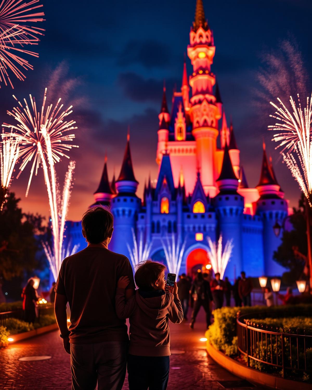 Família diante do castelo iluminado em Disneyland Paris