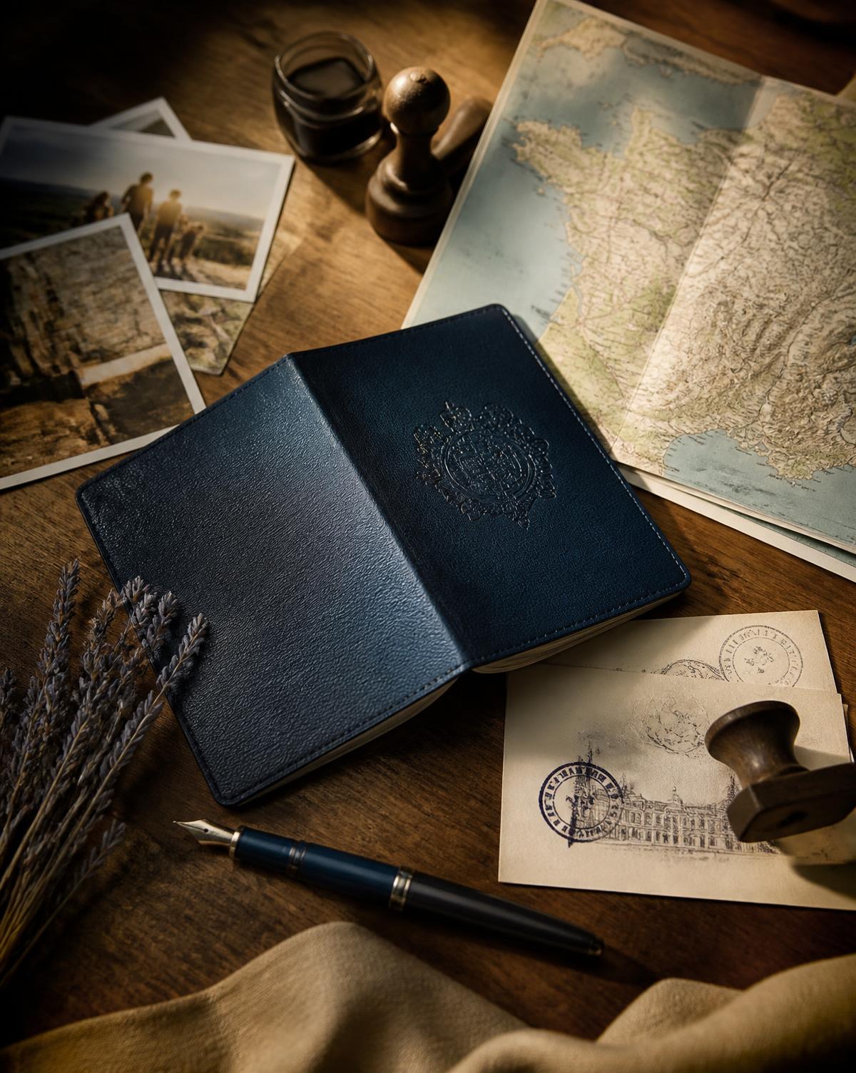 Passaporte da Família sobre a mesa, ao lado de mapa, fotografias e carimbos da jornada