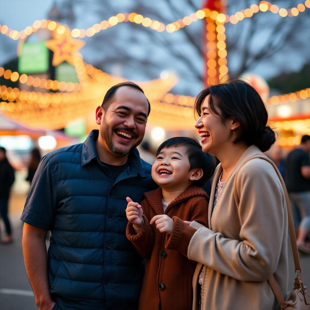 Família rindo junta em um parque temático ao anoitecer