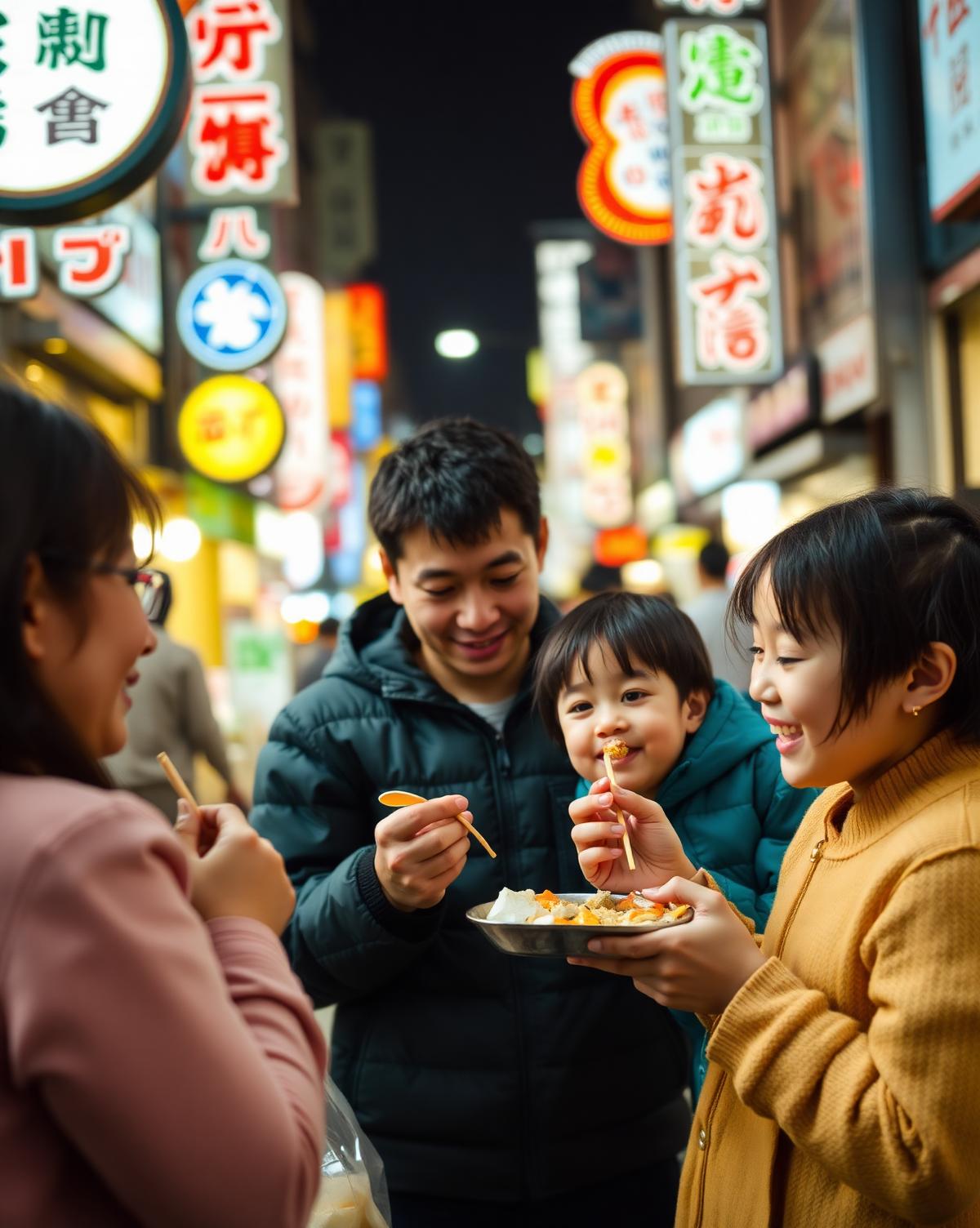 Família compartilhando comida de rua em Osaka à noite