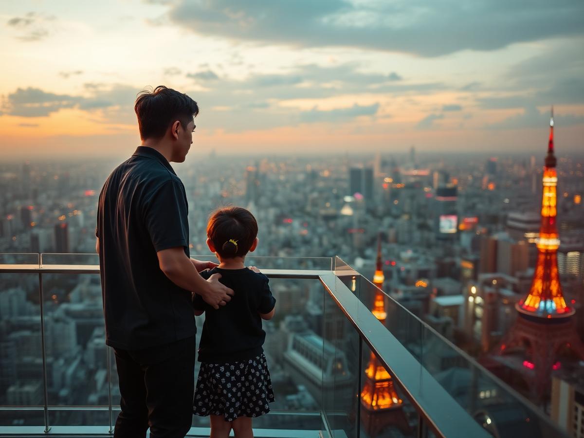 Pai e filha observando o skyline de Tokyo do alto de um mirante ao entardecer