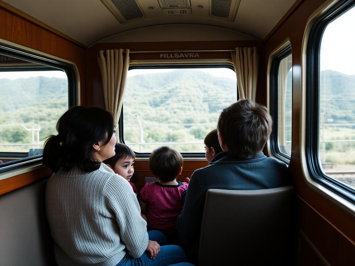 Família observando a paisagem pela janela de um trem no Japão