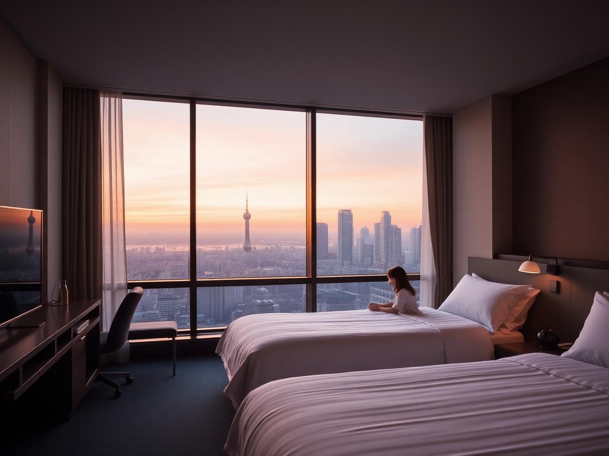 Quarto de hotel em Tokyo com camas amplas e vista para a cidade ao entardecer
