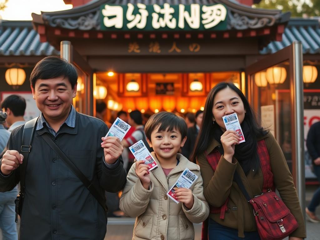 Pais e filhos com ingressos em mãos na entrada de uma atração no Japão