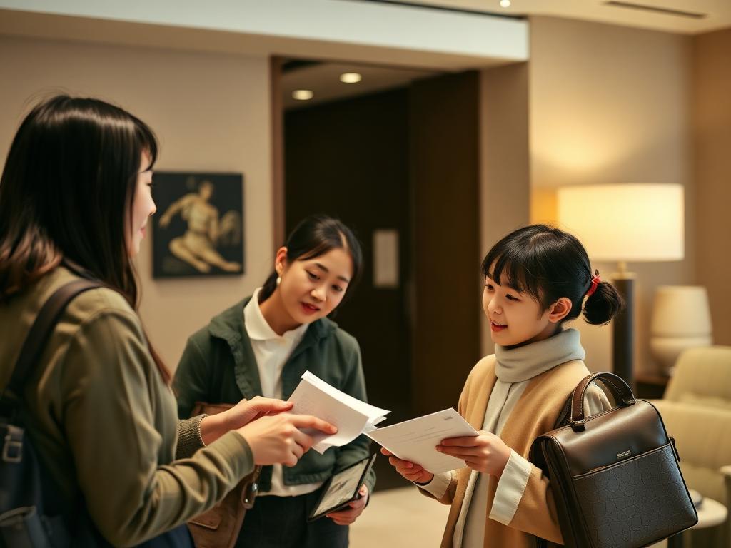 Equipe de apoio orientando uma família com documentos de viagem no lobby de um hotel