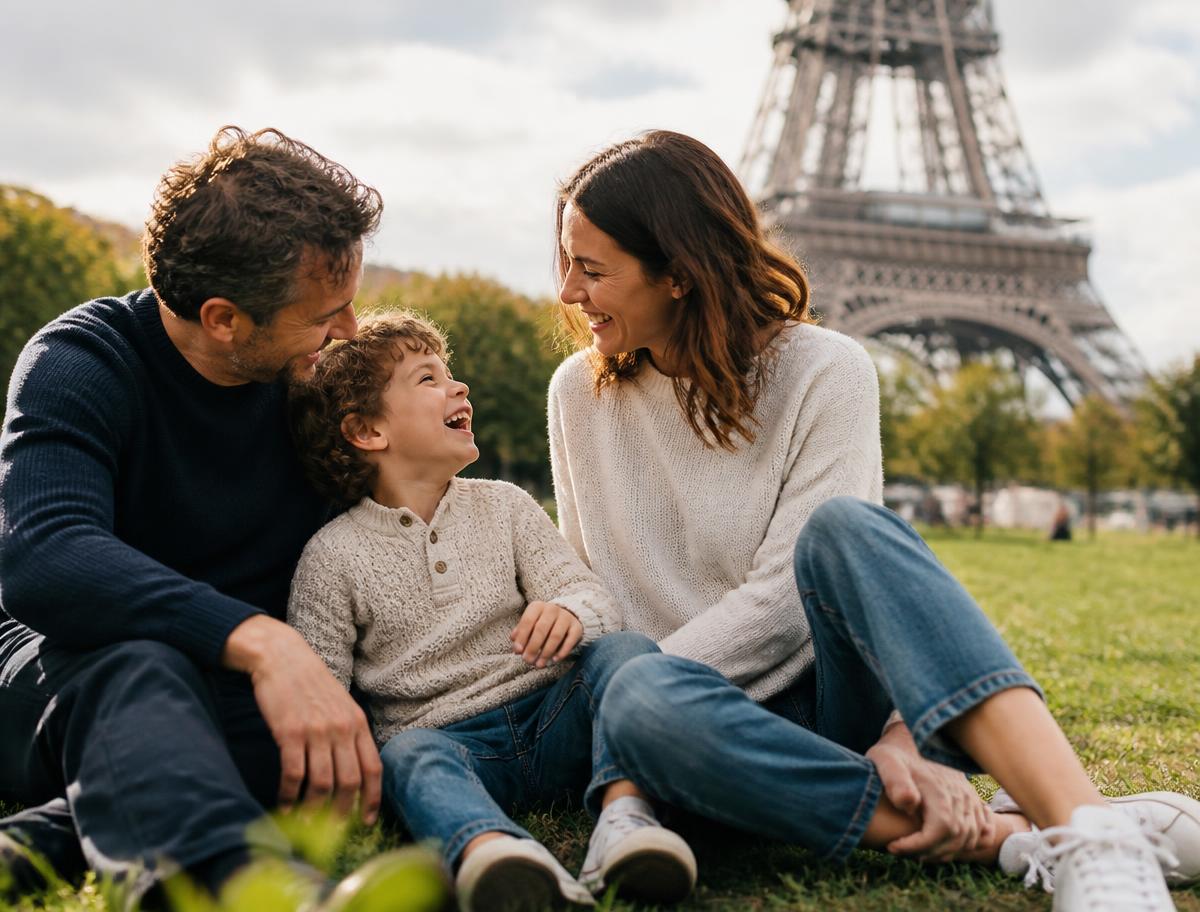 Pais e filho rindo juntos em um parque de Paris com a Torre Eiffel ao fundo