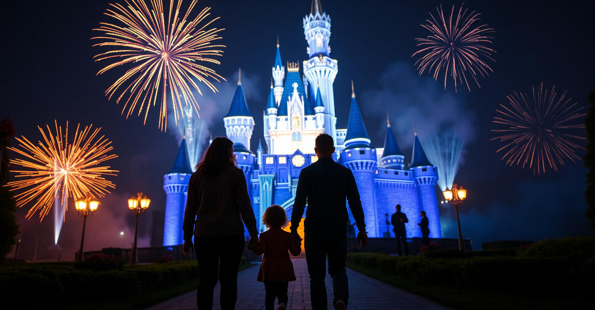 Família de mãos dadas diante do castelo iluminado ao anoitecer